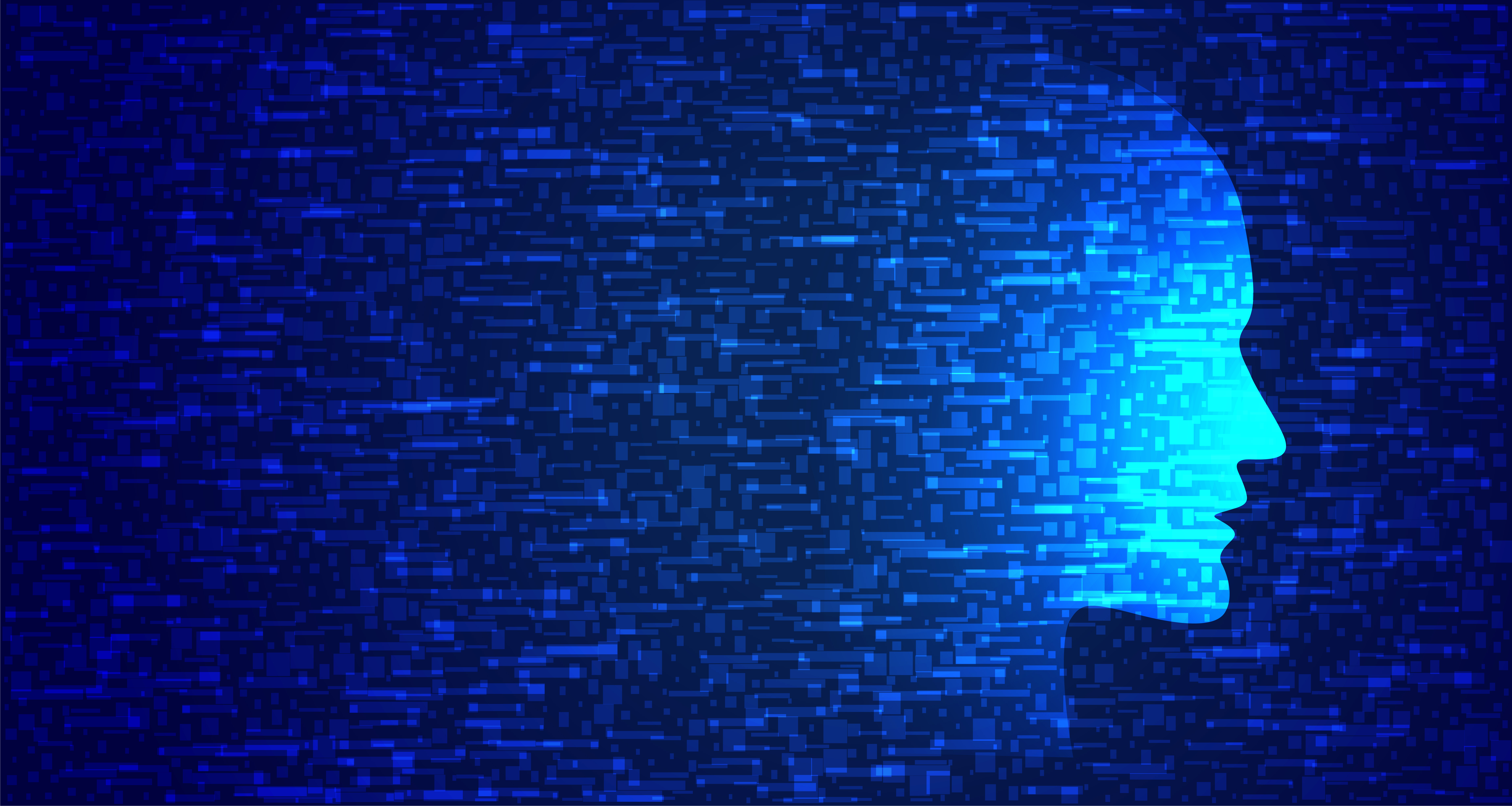  Blue technology face in glitch style, disappearing from a strong white colour on the right into small bits in pale white on the left